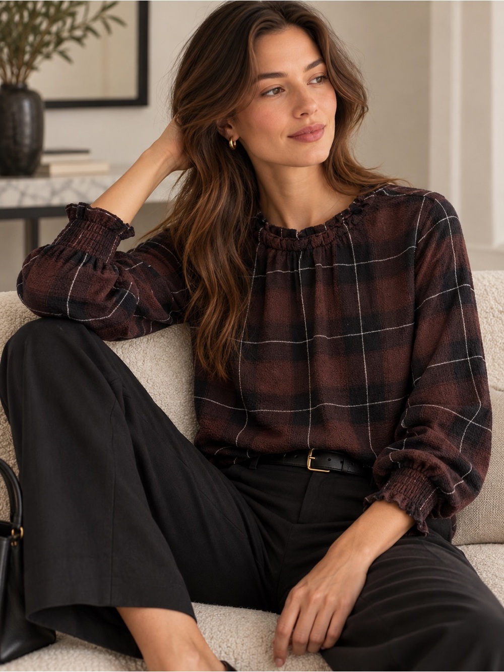 Cloth & Stone Plaid Ruffle Blouse Burgundy Black Smocked Top Size S